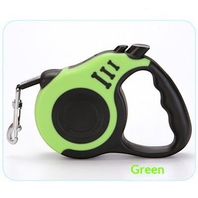 Furlouve green retractable dog leash with one-touch brake and auto-retract feature. Made of plastic, nylon, and metal.