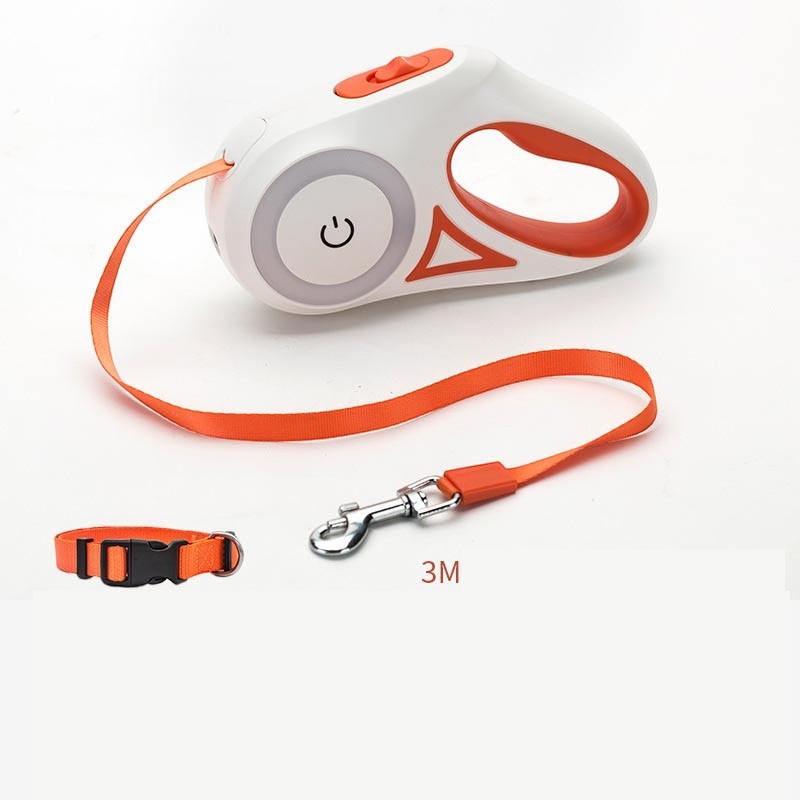 Furlouve white and orange retractable dog leash with 3m orange nylon strap and collar. Features one-button brake and lock.