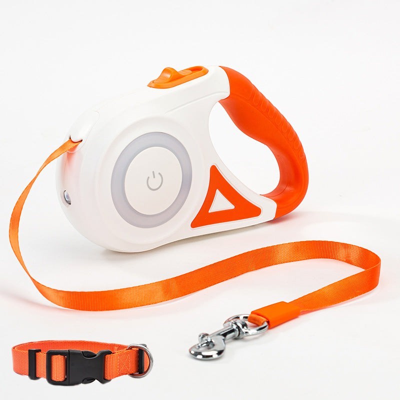 Furlouve white and orange retractable dog leash with one-button brake and lock, includes matching collar.