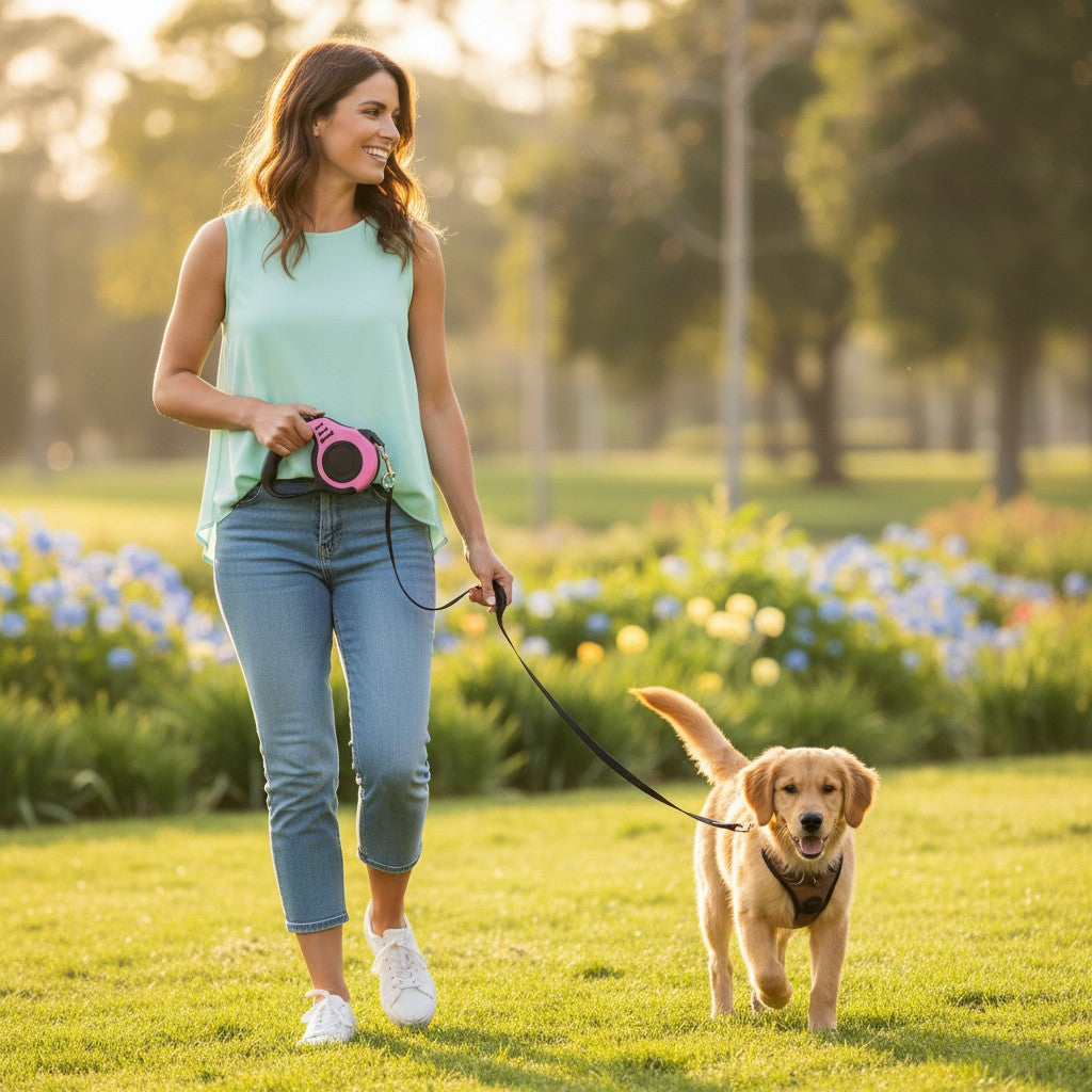 Furlouve pink and black retractable dog leash with one-touch brake and bone design detail. 3m or 5m.
