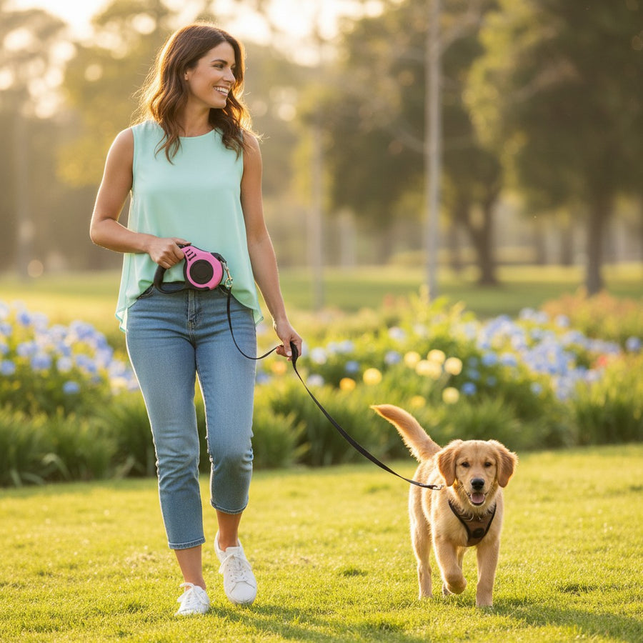 Furlouve pink and black retractable dog leash with one-touch brake and bone design detail. 3m or 5m.
