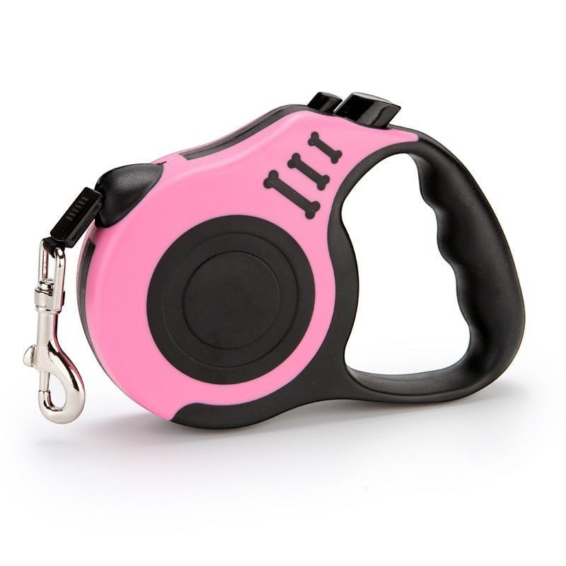 Furlouve pink and black retractable dog leash with one-touch brake and bone design accents.