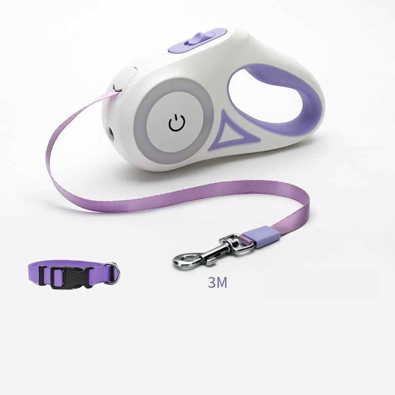 Furlouve white and purple retractable dog leash with one-button brake and lock, 3m length, and matching collar.