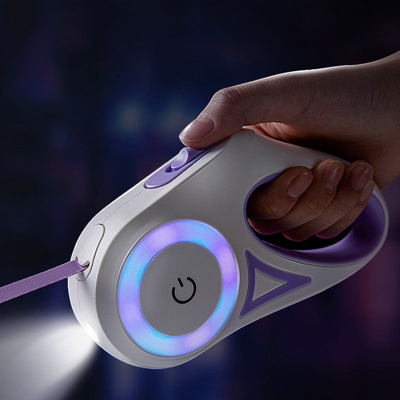 Furlouve white and purple retractable dog leash with LED light and one-button brake. 3m or 5m.