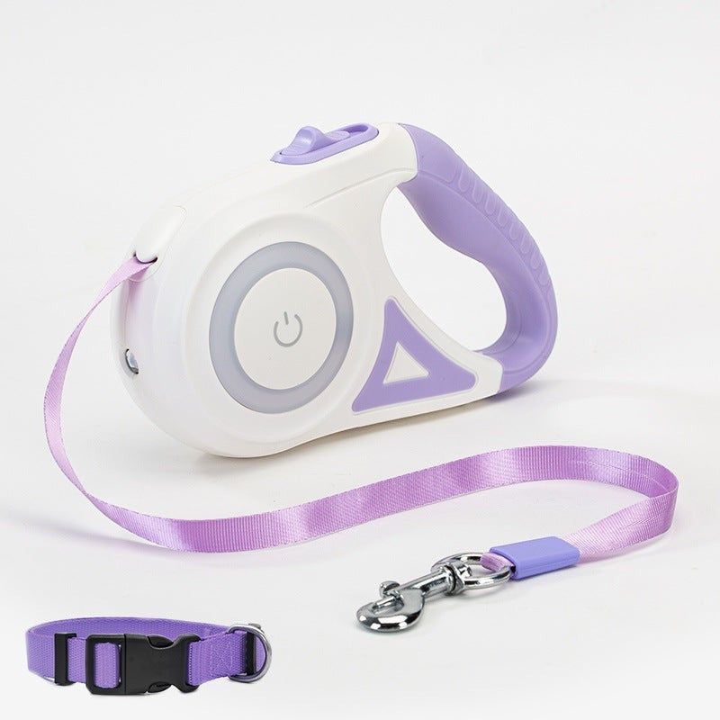 Furlouve white and purple retractable dog leash with one-button brake and lock, includes matching collar.