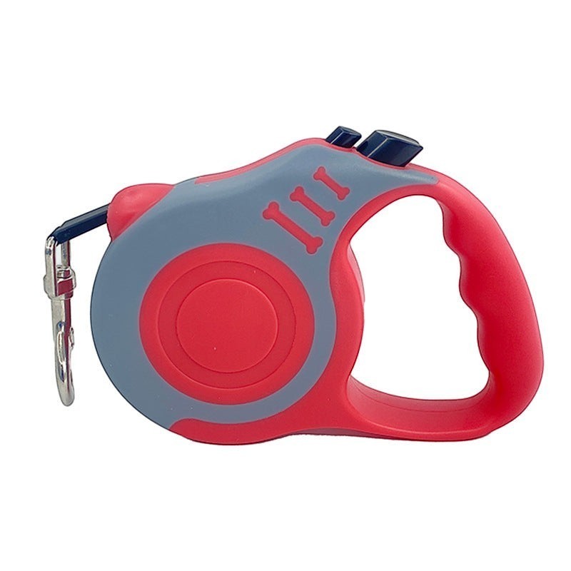 Furlouve red and grey retractable dog leash with one-touch brake and bone design accents. 3m or 5m.