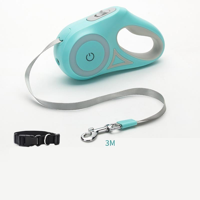 Furlouve teal retractable dog leash with one-button brake, lock, and 3m nylon strap. Includes black collar.