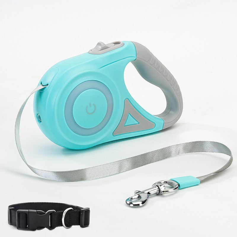 Furlouve teal retractable dog leash with ergonomic grey handle and one-button brake. Includes black collar.