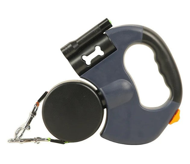 Furlouve gray and black retractable double dog leash with built-in flashlight and ergonomic grip.