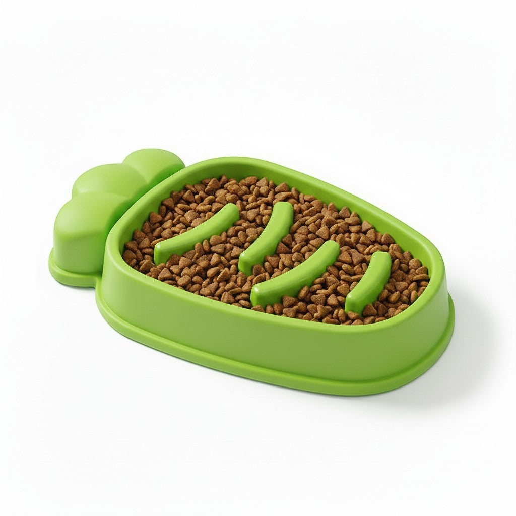 Furlouve orange carrot-shaped slow feed dog bowl with anti-choke design, made of BPA-free plastic.