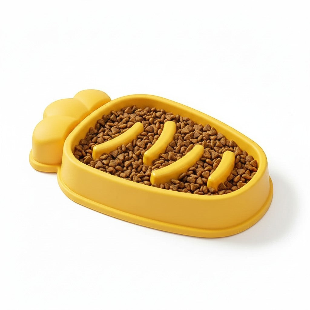 Furlouve orange carrot-shaped slow feed dog bowl with raised dividers, designed for large dogs to prevent choking and aid digestion.