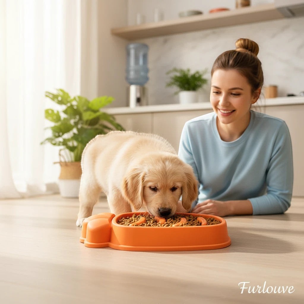 Furlouve orange PP slow feed dog bowl with anti-choke design, for large dogs and cats.