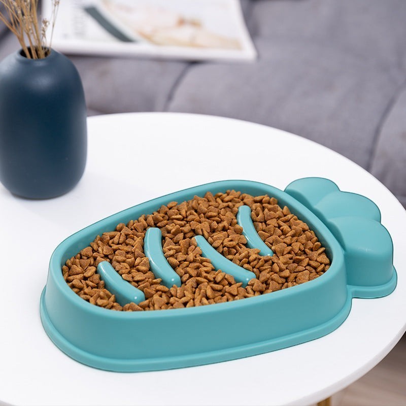 Furlouve teal PP slow feed dog bowl with anti-choke design, shaped like a carrot.