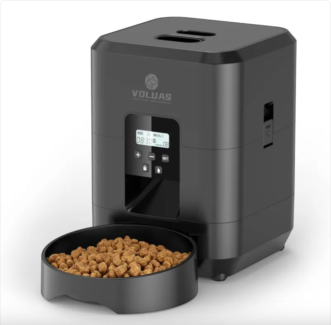Furlouve black automatic pet feeder with LCD screen and food bowl, smart timer and app control for cats.