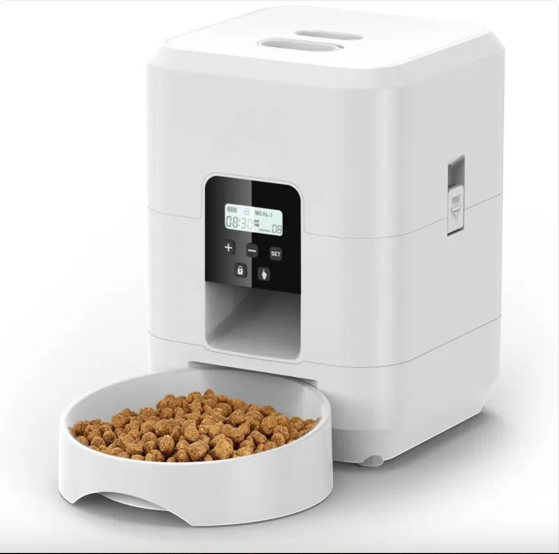 Furlouve white smart automatic pet feeder with digital timer display and food bowl filled with kibble.