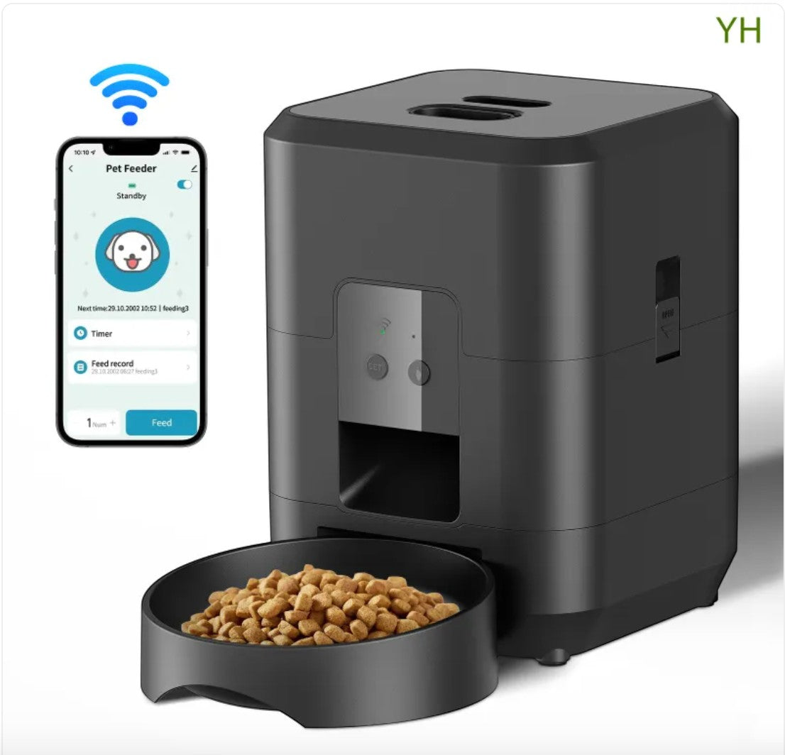 Furlouve black smart automatic pet feeder with WiFi app control and a bowl full of kibble.