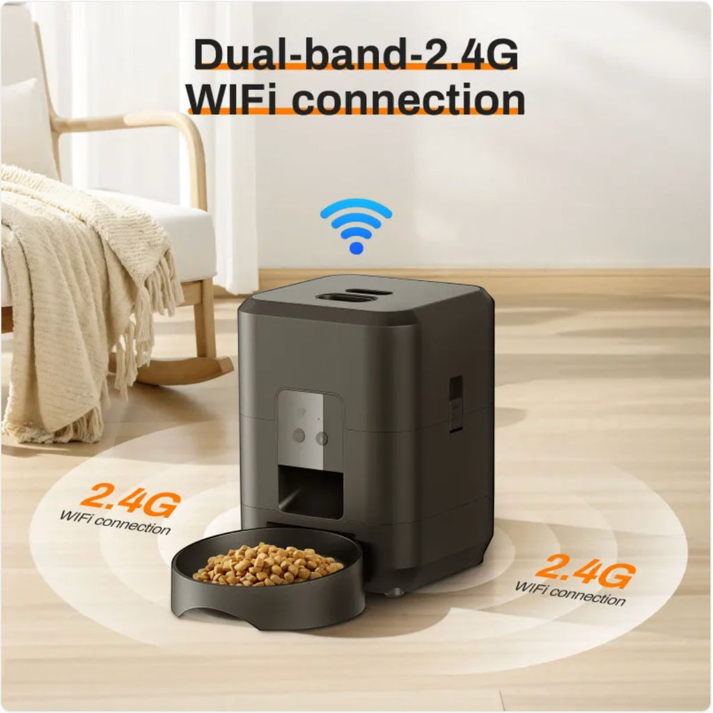 Furlouve smart automatic pet feeder, black, with WiFi connectivity and a full food bowl.