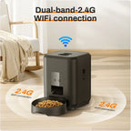 Furlouve smart automatic pet feeder, black, with WiFi connectivity and a full food bowl.