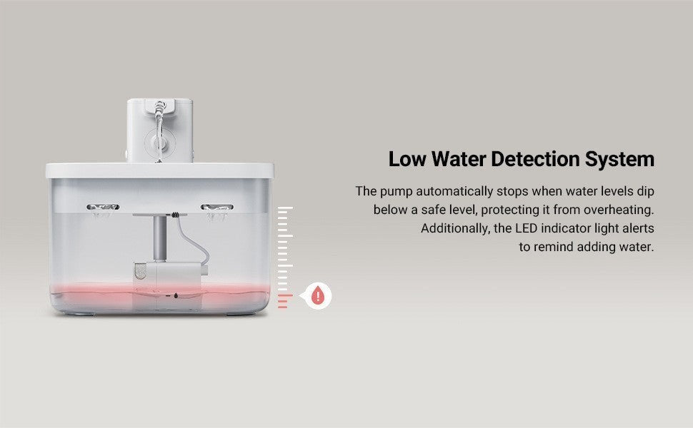 Furlouve Smart Wireless Pet Water Dispenser with low water detection and LED indicator light.