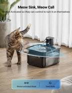 Furlouve Smart Wireless Pet Water Dispenser, motion-activated, rechargeable, black plastic, with a cat approaching.