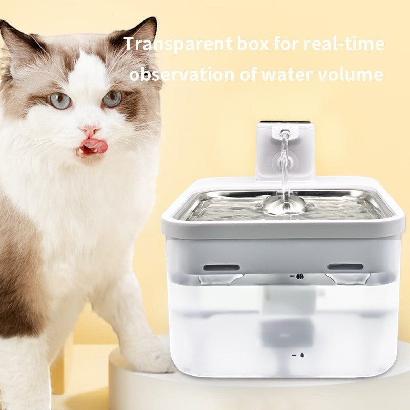 Furlouve Smart Wireless Pet Water Dispenser, white, with transparent reservoir and stainless steel top, water flowing.