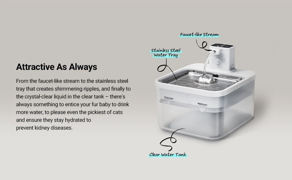 Furlouve Smart Wireless Pet Water Dispenser with stainless steel tray and clear water tank, faucet-like stream.