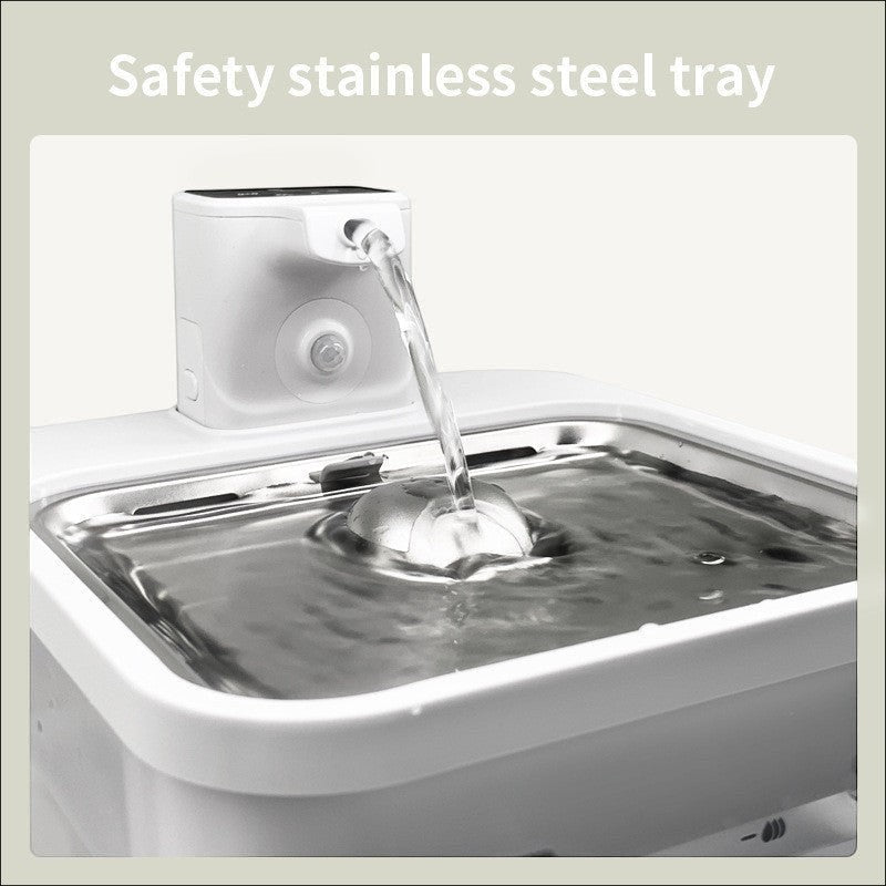 Furlouve Smart Wireless Pet Water Dispenser with stainless steel tray, water flowing.