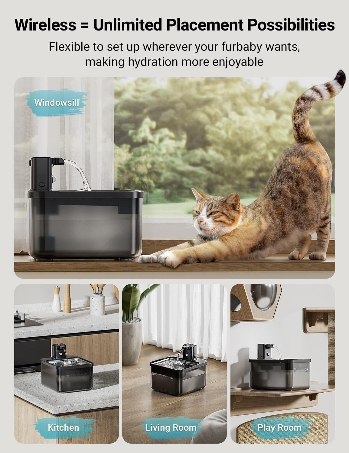 Furlouve Smart Wireless Pet Water Dispenser, rechargeable, induction activated, self-circulating system, black