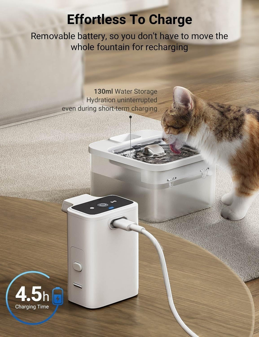 Furlouve Smart Wireless Pet Water Dispenser with induction activated, rechargeable battery, and 130ml water storage.
