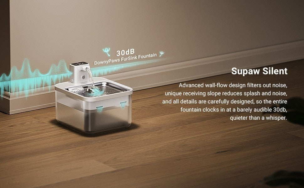 Furlouve Smart Wireless Pet Water Dispenser, white and clear, with a self-circulating system and induction activation.