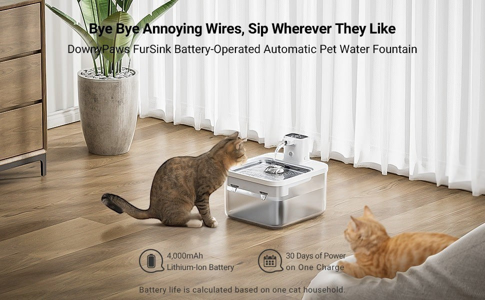 Furlouve Smart Wireless Pet Water Dispenser with self-circulating system and induction activation. White plastic.