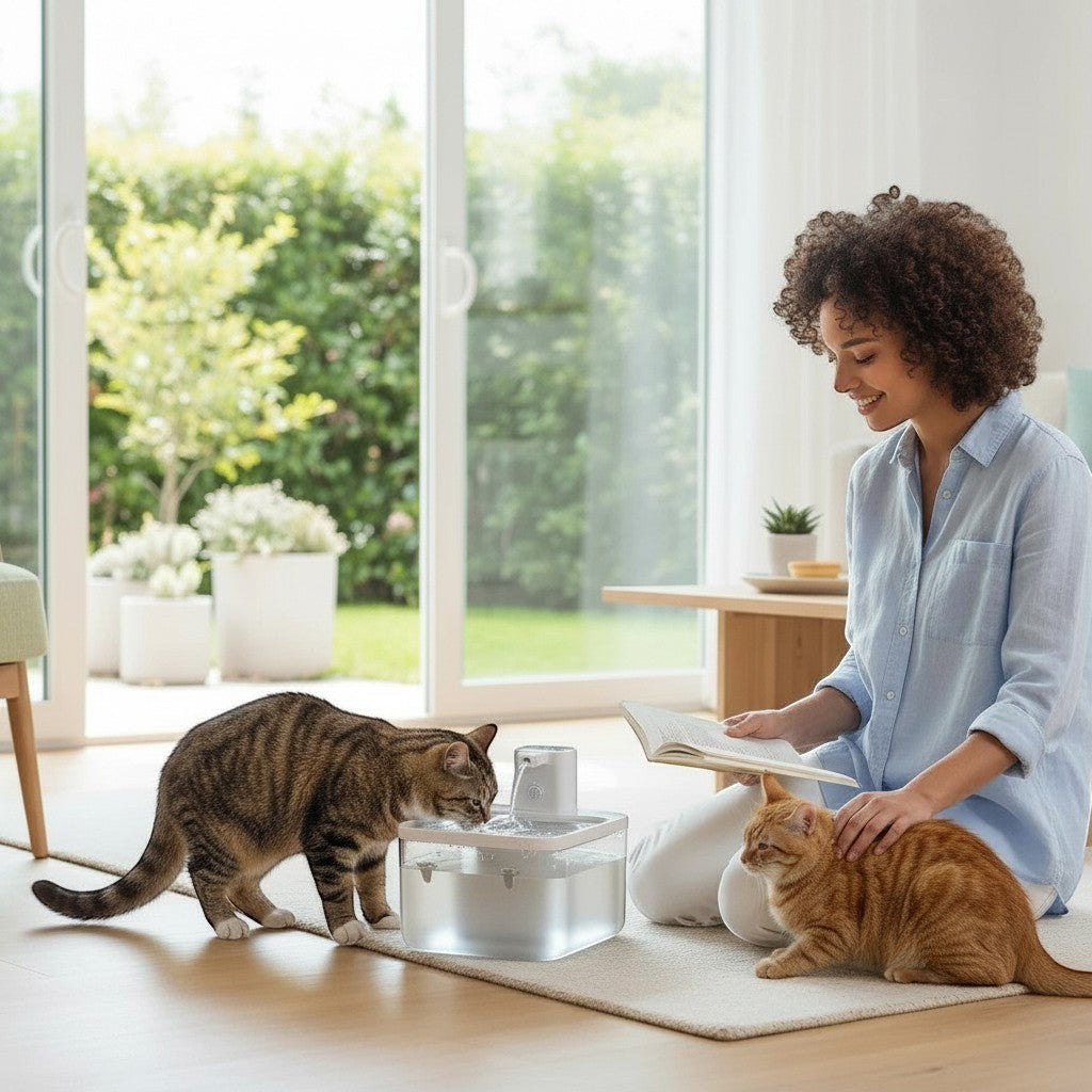 Furlouve Smart Wireless Pet Water Dispenser with self-circulating system, white, clear plastic, for cats and dogs.