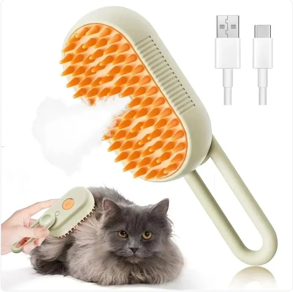 Furlouve 3-in-1 steam pet brush with orange bristles, detangles and cleans cats and dogs. Includes USB charging cables.