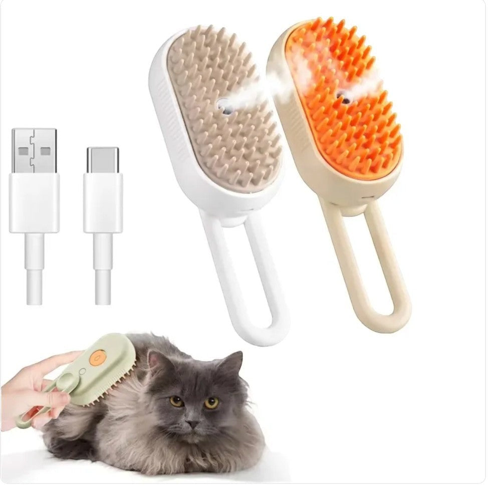 Furlouve 3-in-1 steam pet brush with soft bristles, detangles and cleans cats and dogs. Includes USB charging cable.
