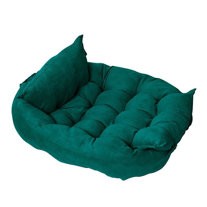 Furlouve teal imitation deer skin velvet pet cushion with tufted design and attached pillow.