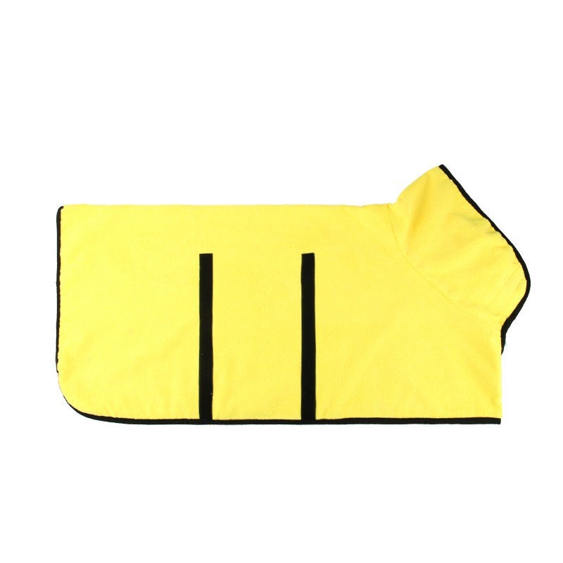 Furlouve yellow microfiber pet bathrobe with black trim and two black straps for closure. Super absorbent dog towel coat.